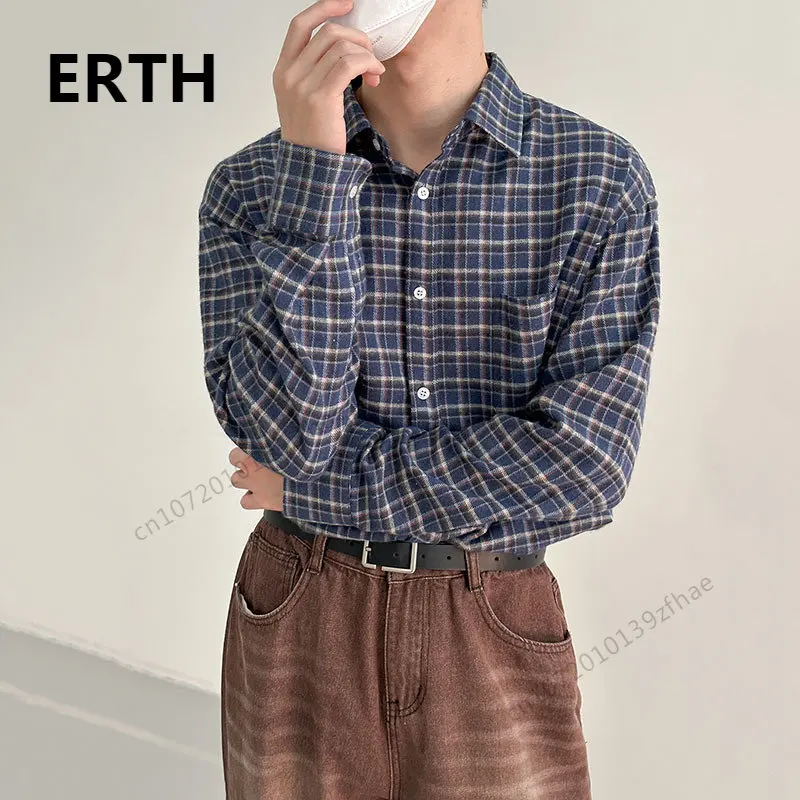 

Мужская рубашка в клетку с длинным рукавом ERTH, новинка весны 2023, Повседневная Свободная однобортная рубашка с лацканами, модная Корейская м...