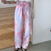 women 2021 summer korean natural waist tie dye wide leg pants female new loose thin solid trousers fashion casual streetwears
