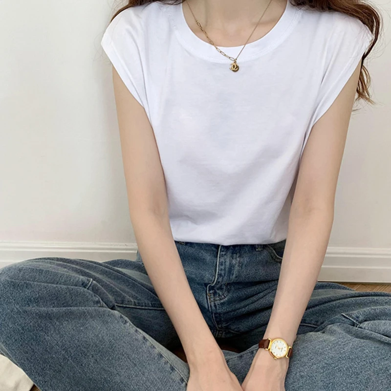 

Summer Sleeveless Top Female O Neck White Women Tops Ladies Loose Solid Chic Casual T Shirt Basic Ladies Tops