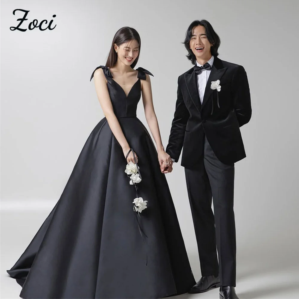 Zoci простое черное атласное корейское свадебное платье с v-образным вырезом ленты