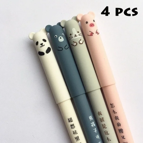4 Pcs Animal Cat Bear Erasable Velvet Gel Pen Rollerball School Office Supply Student Pens 0.38 Mm Blue Ink