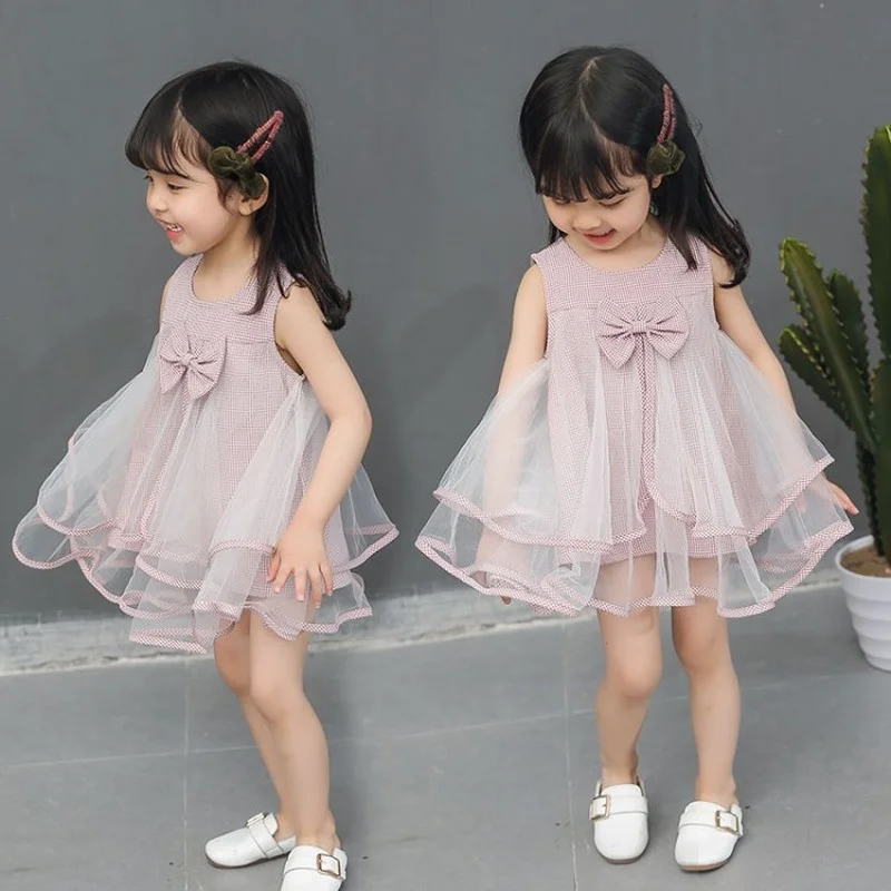 Летнее платье для девочек модное кружевное детская сетчатая Милая юбка