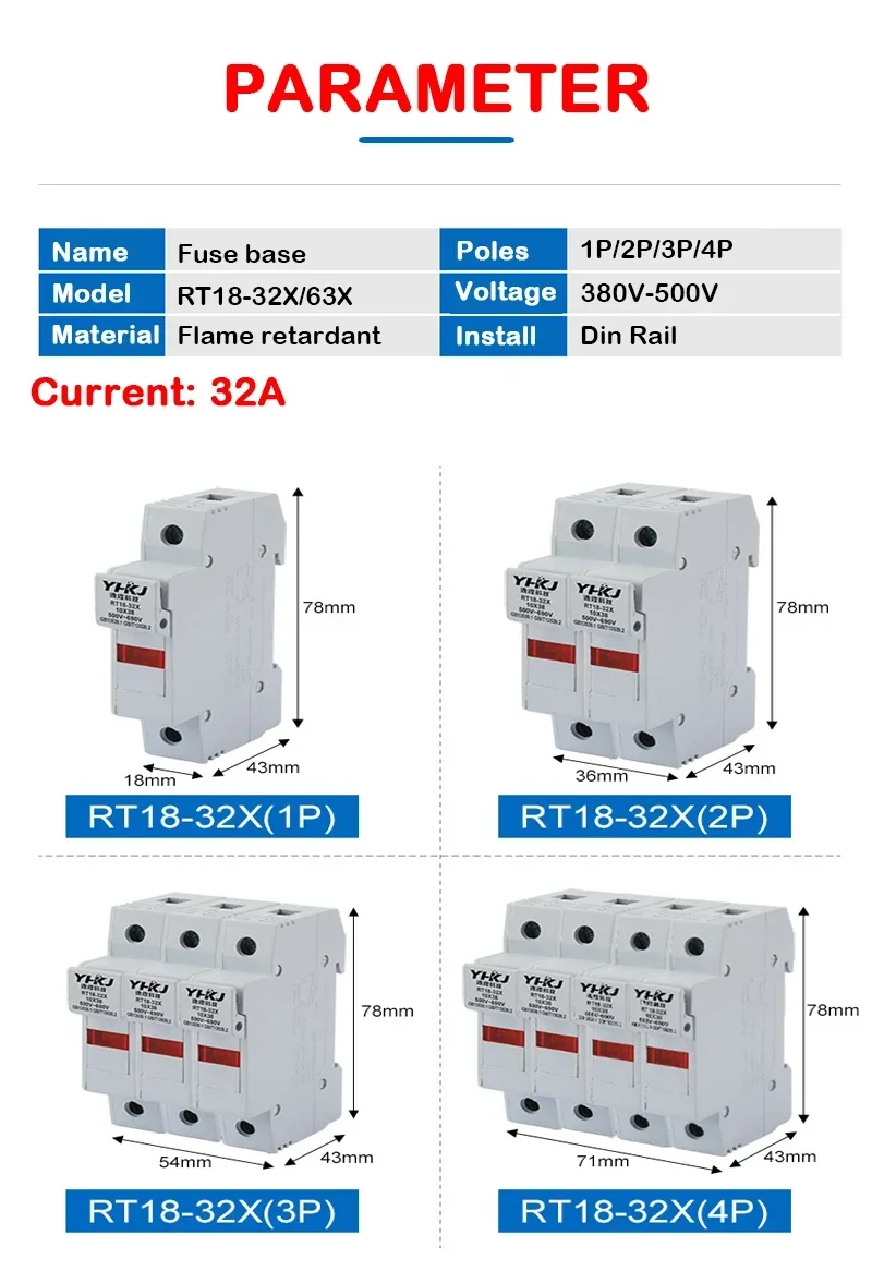 Держатель плавкого предохранителя 1P 2P 3P 4P медный 380-500 В переменного тока 500 10x38 мм