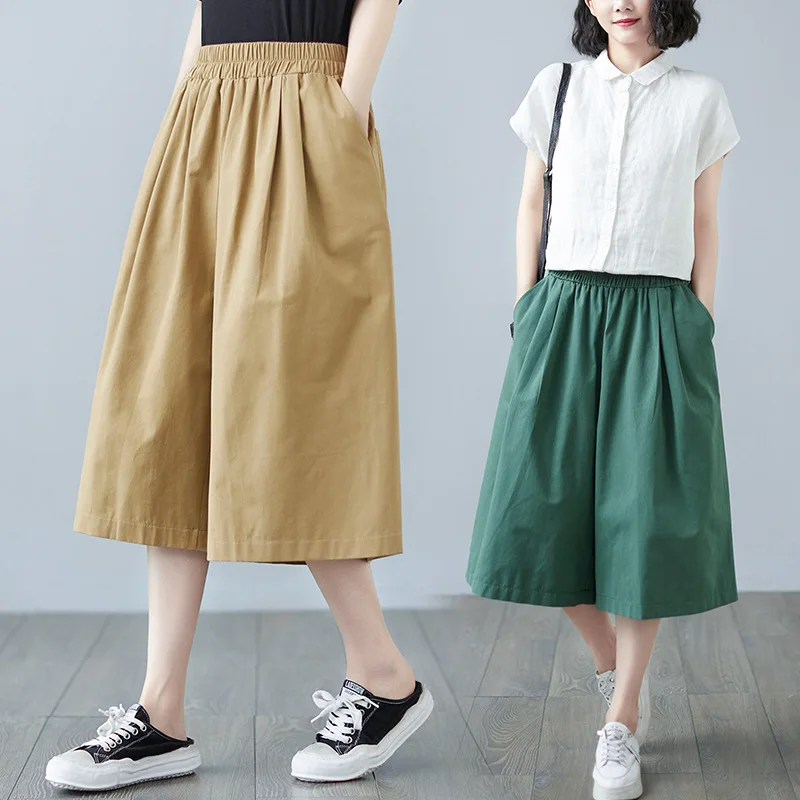 

Cotton Linen Medium Pants Women's Summer Casual Sports Shorts Big Size 4XL Large Elastic Waist Medium Long Wide Leg Pants