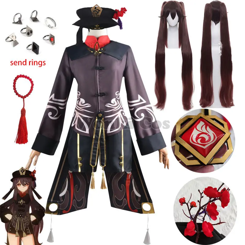 Игра Genshin Impact Костюмы для косплея Хутао с шляпой, носками, оригинальными кольцами, париком с хвостом пони на голове.