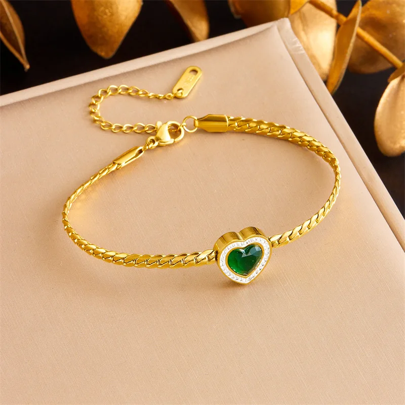 2024 нержавеющая сталь зеленый камень браслет в форме сердца подвески для женщин