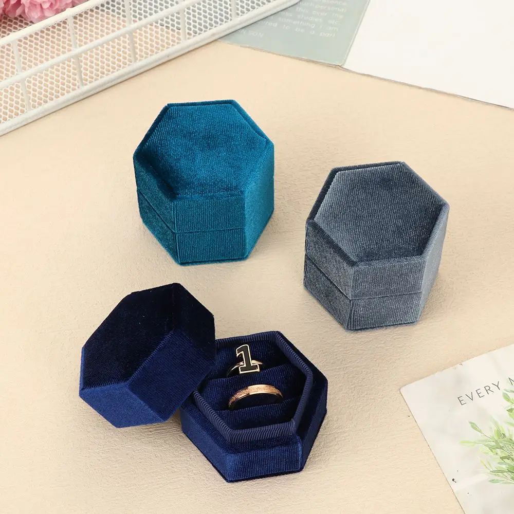 

Прочная красочная Свадебная коробка для демонстрации колец шестиугольной формы, женская двойная коробка для хранения колец, бархатная шка...