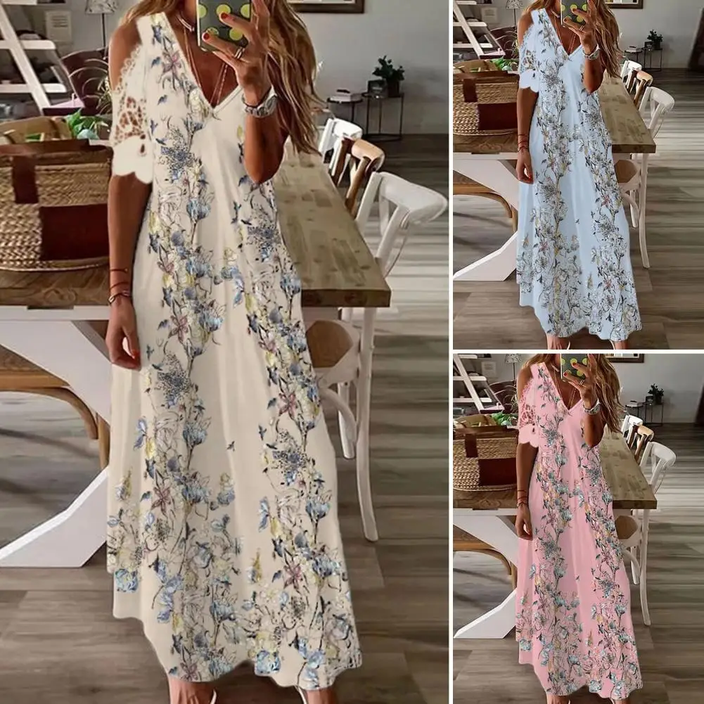 

Ladies Popular Hollow Out Loose-fitting Dress Female Women Dress V Neck for Party