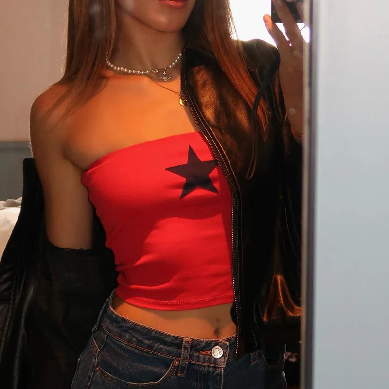 Сексуальный красный топ без рукавов с вышивкой в виде звезд готическом стиле