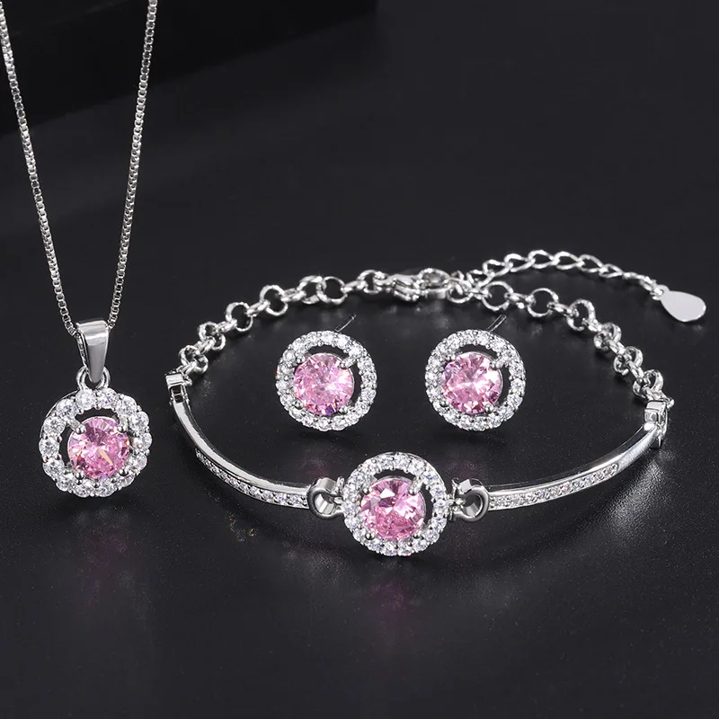 

Pink Round Gemstone Crystal Bracelet Earrings Necklace Valentine's Day Present Wedding Anniversary Women's Charms Jewelry Gift
