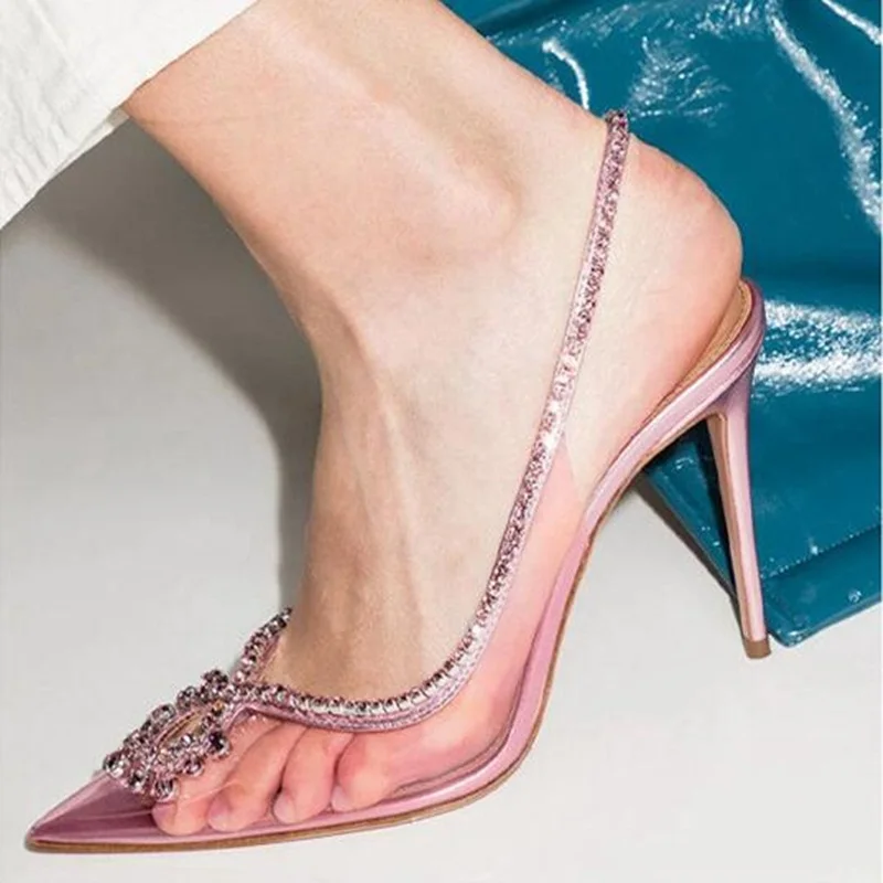 

Elegant Clear PVC Rhinestone Slingback Runway Shoes Heart-shaped Crystal Pointed Toe Stiletto Heel Wedding Shoes Bride Purple