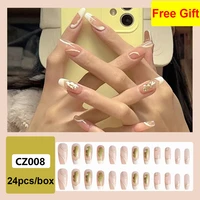 24pcsset fake nails supplies french long faux ongles with designs press on white crystal pearl glitter false acrylic nails tips