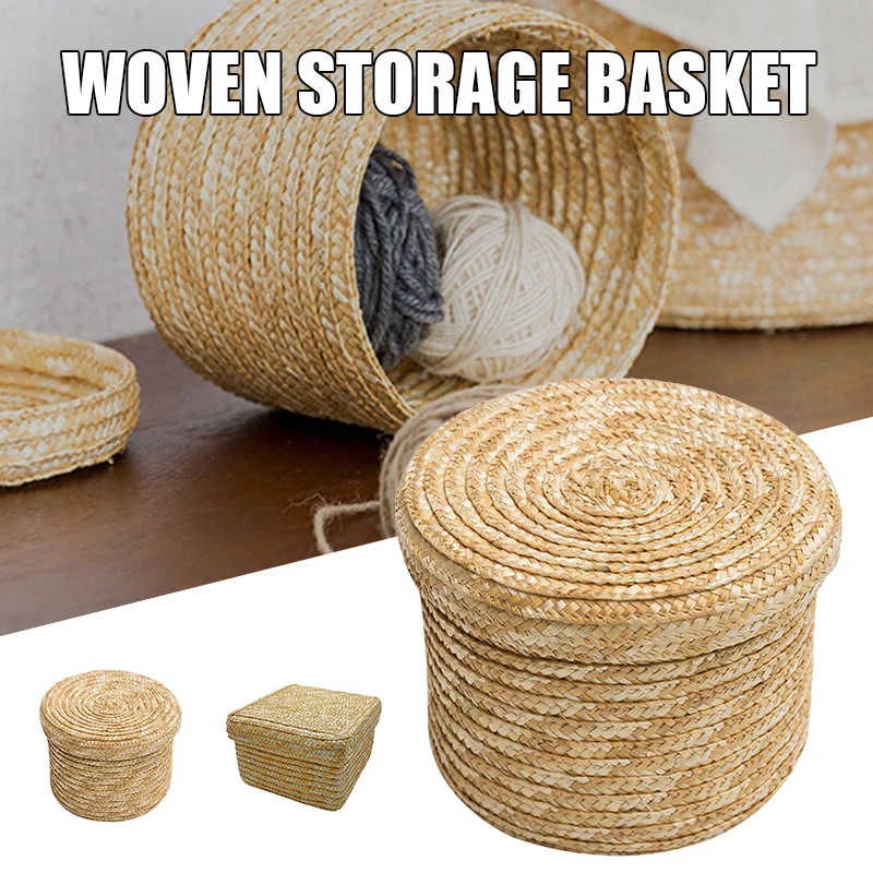 

Woven Straw Storage Baskets with Lid Rattan Snack Container Multipurpose Bins Laundry Toys Organizer Household Folding Straw Box