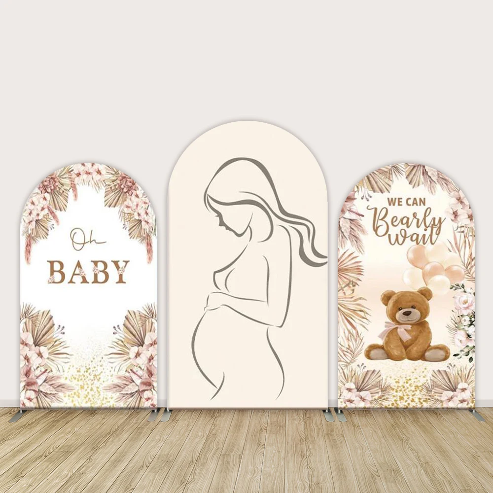 

Boho Bear theme We can Bearly Wait Baby Shower Arched Backdrop Cover for Kids Pampas Grass flower Pregnant Photo Background