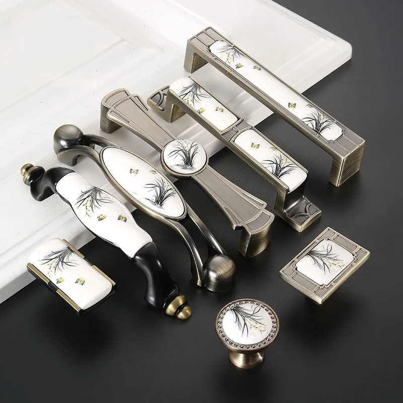 

Kitchen handles Antique Bronze Ceramic Cabinet Handles Zinc Alloy Drawer Knobs Wardrobe Door European Rural Handle