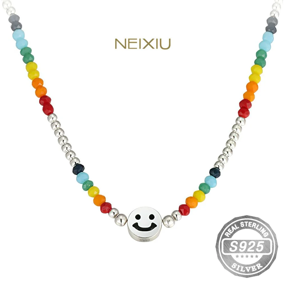 

Neixiu ожерелье из стерлингового серебра 925 пробы с красочными бусинами и улыбающимся лицом Женская Складная цепочка на воротник простой классический подарок на Рождество для женщин