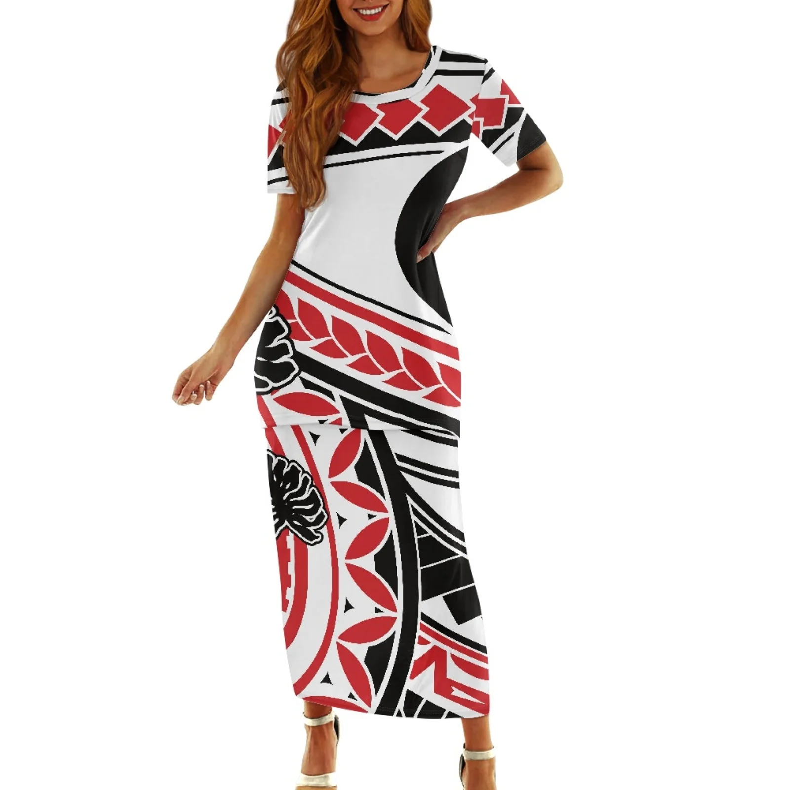 

Polynesian Tribal Samoan Totem Tattoo Samoa Prints Summer Dresses For Women Short Sleeve Long Dresses Female Elegant Clothing