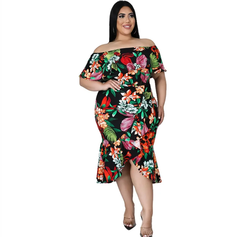 2023 Spring Women Floral Dress Off Shoulder Ruffle Design Fashion Elegant Outfit Summer Luxury Gown Plus Size Party New In Dress