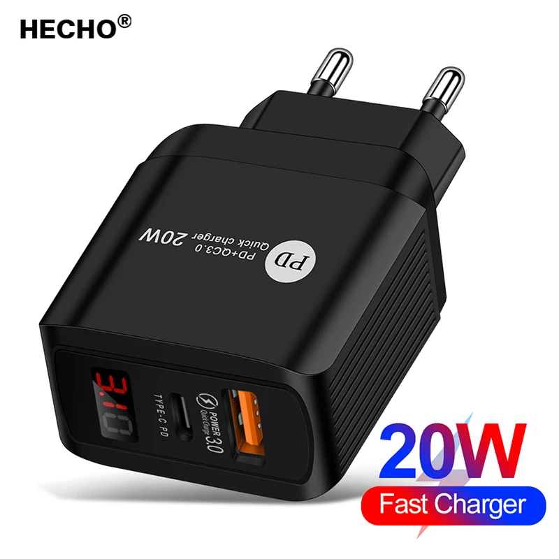 

5V 4A Type C USB Charger Quick Charge 3.0 20W PD Fast Charging Digital Display Phone Charger For iPhone Samsung Xiaomi