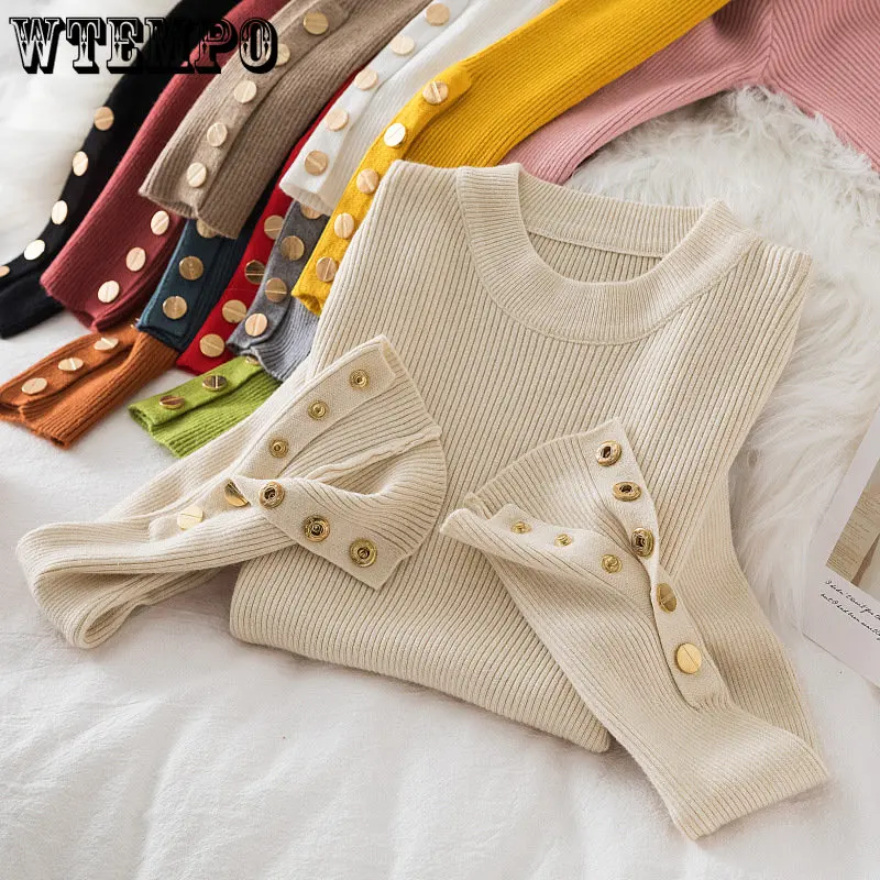 

WTEMPO Half Turtleneck Sweater Solid Pullover Bottomed Knitwear Female Slim Cuffs Snap Design Autumn Winter Button Chic Jumper