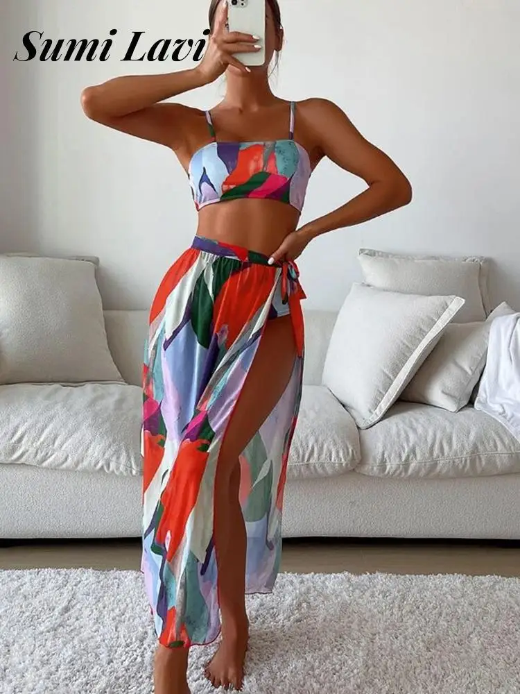 

Female Lace Up Split Three-pieces Beachwear Women Sling Chest Wrap Swimwear Fashion Colorful Printed With Cover Up Skirt Bikini