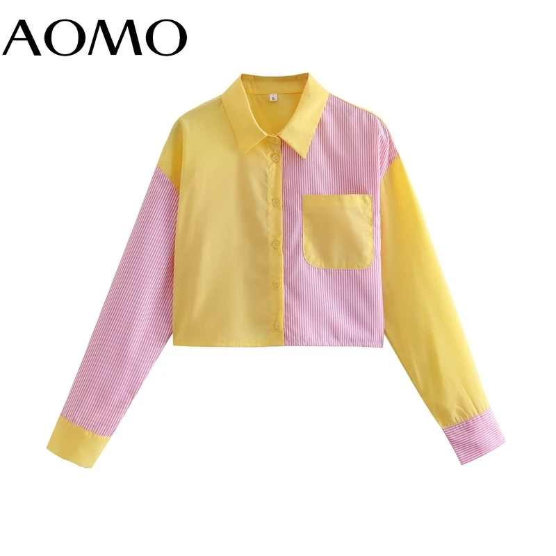 

AOMO Women Retro Patchwork Striped Print Shirt Long Sleeve Chic Female Short Blouse Shirt Tops AB83A