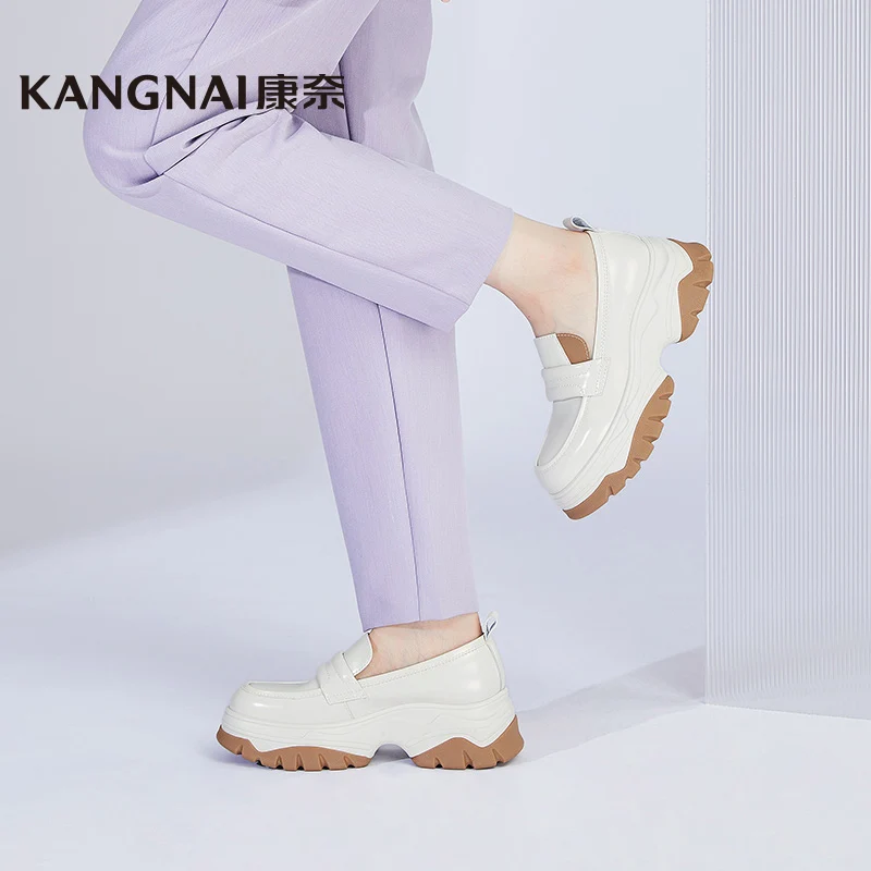 

Kangnai Chunky Loafers Women Flat Platform Shoes Split Leather Round Toe Slip-On Female Penny Shoes