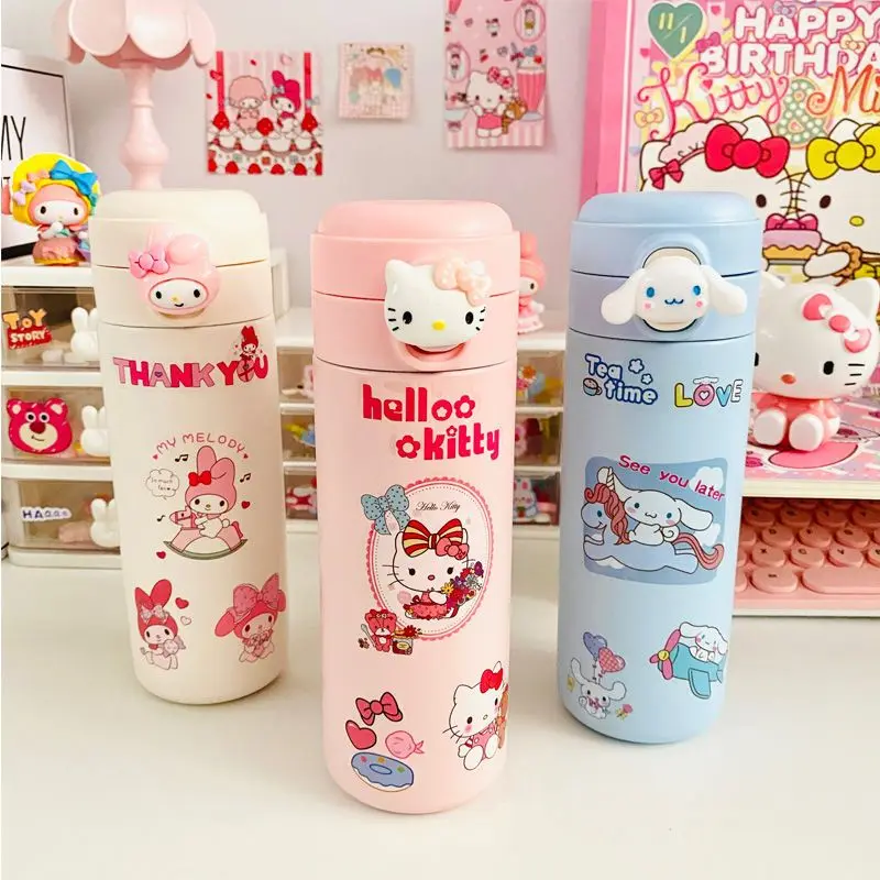

420ml Sanrio Anime Melody Cinnamoroll Kuromi 304 Stainless Thermal Flask Thermos Water Coffee Tea Portable Bottle Kawaii Gifts