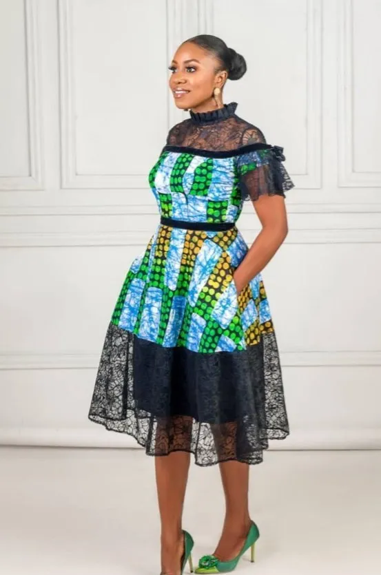 

Women's Dress 2023 New Short Sleeve Summer Fashion Printing Dress Pockets A-line Lace And Ankara Mix Styles African Dress