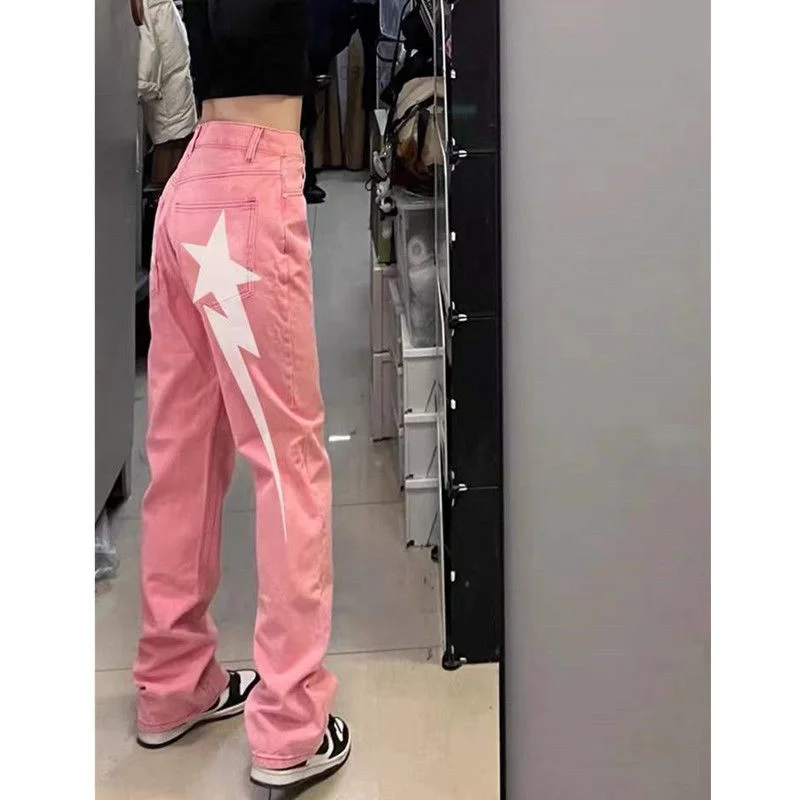 Pink Print 2022 New Autumn High Waist Jeans Sweet Cool Spicy Girl Design Sense Straight Pants Y2k Punk Style Trousers For Women