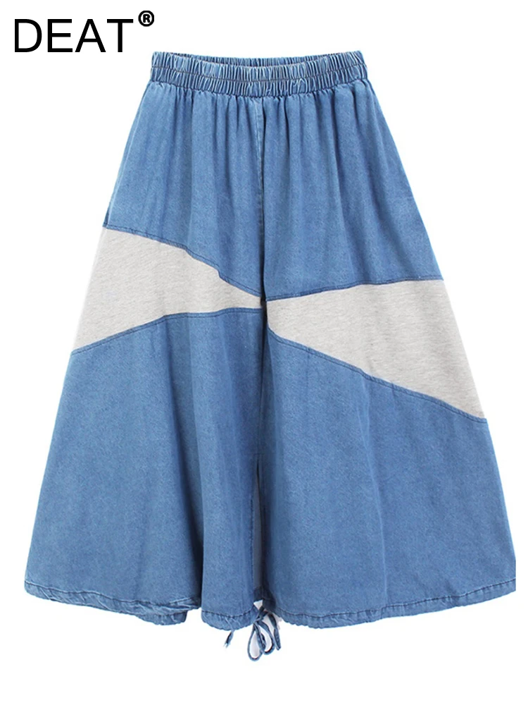 

DEAT Fashion Women's Skirt Loose High Waist Contrasting Colors Spliced A-line Mid-calf Denim Skirts Summer 2023 New Tide 1DF6765