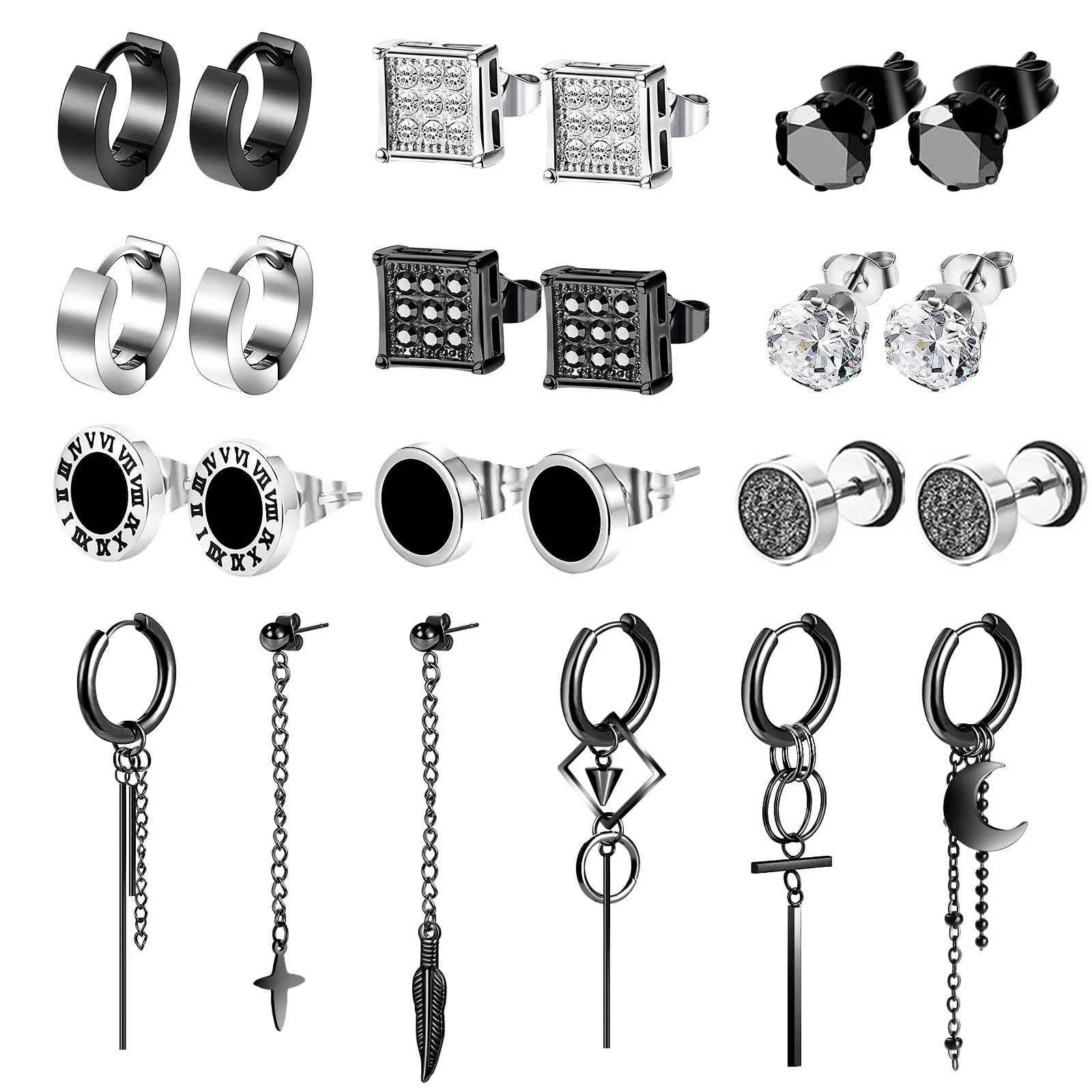 

24 Pieces Chain Hoop Earrings Moon and Star Drop Earrings Cross Stainless Steel Hinged Pendant Eboy Earrings for Men Women