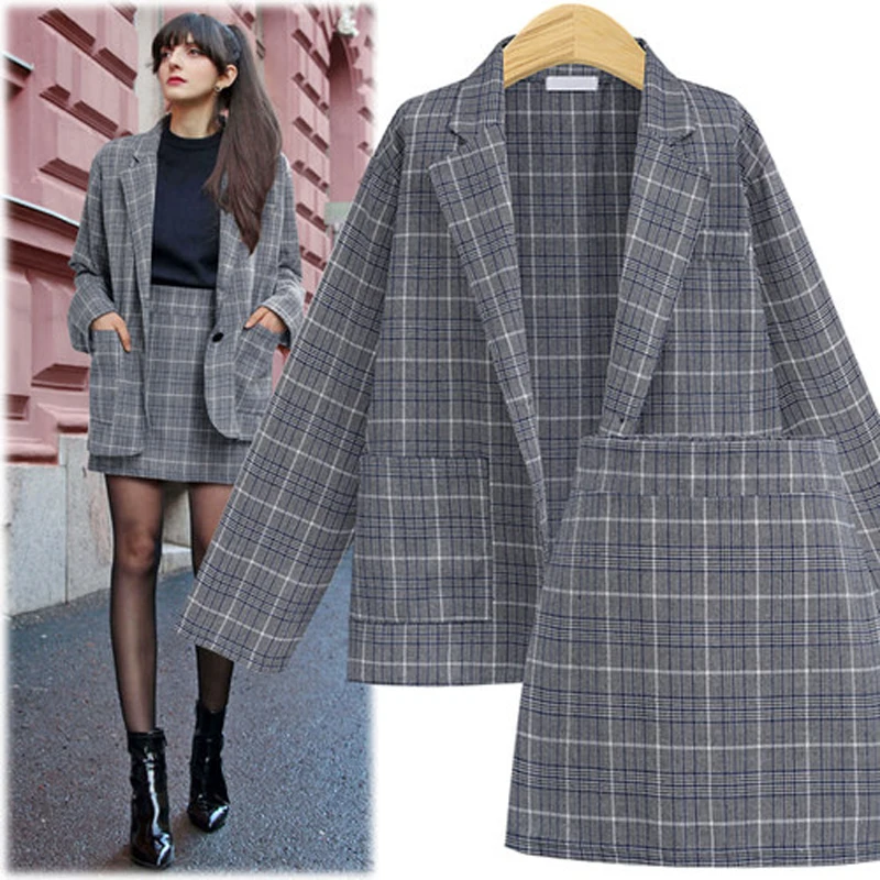 Ladies Suits Autumn and Spring Elegant Office Plaid Long-sleeved Single-breasted Pocket Suit Jacket + Skirt Suit 2023 New