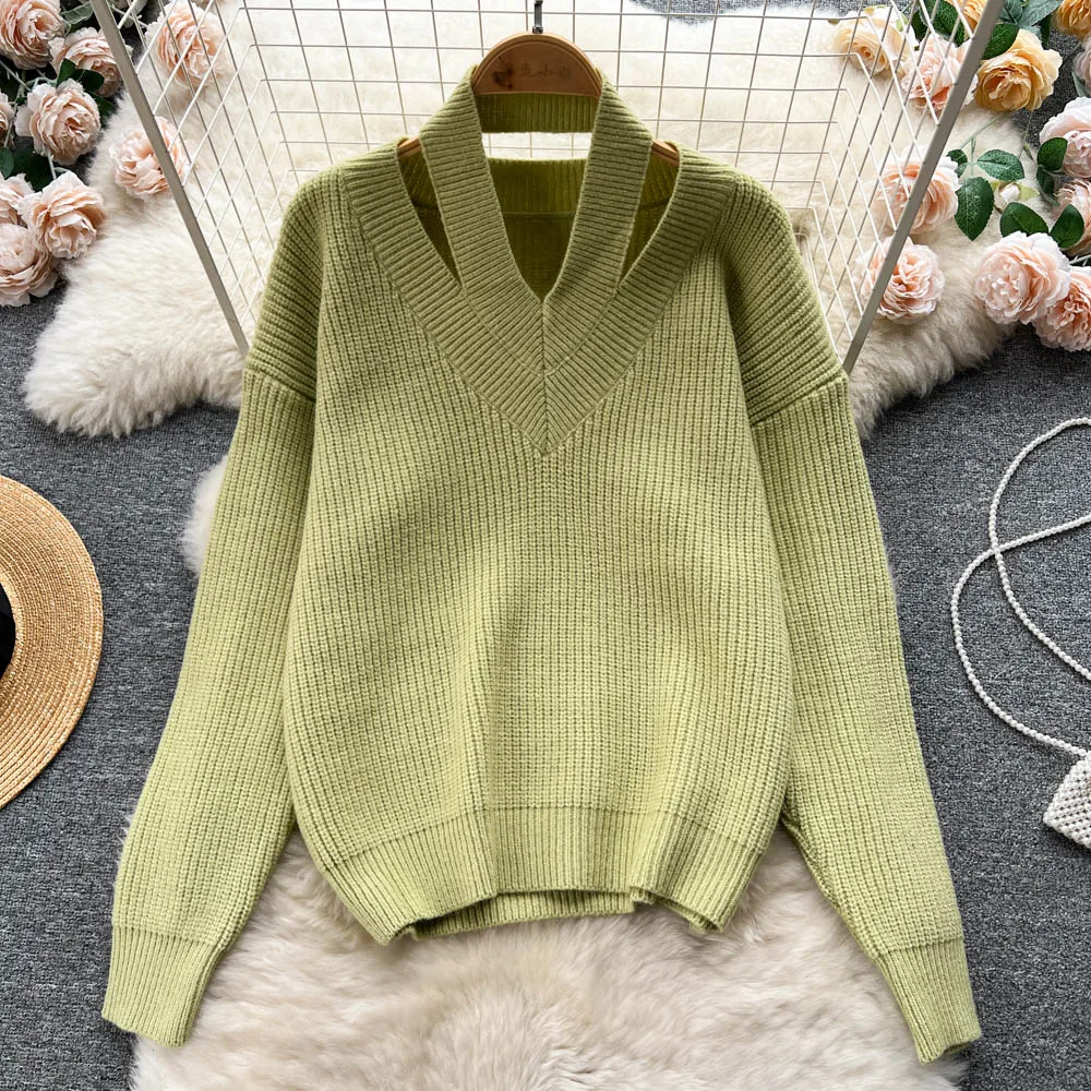 

Autumn and Winter New French V-neck Hanging Neck Bottoming Design Sense Niche Lazy Wind Knitted Sweater