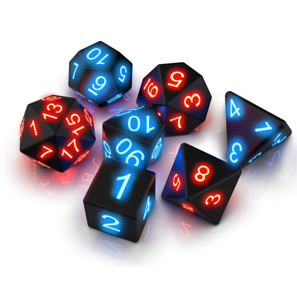 

7pcs Rechargeable Luminous Dice Polyhedral Carved Pattern Dice Set Noctilucent Dice Cubes Fun Bar KTV Drinking Entertain Game