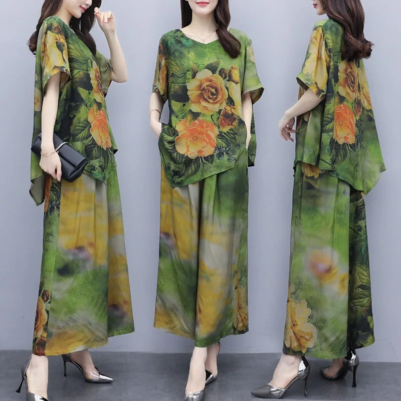 Wide Leg Pants Chiffon Suits Female Summer Two-piece Set Womens Outfits Fashion Green Ice Silk Casual Clothing Femme Mujer