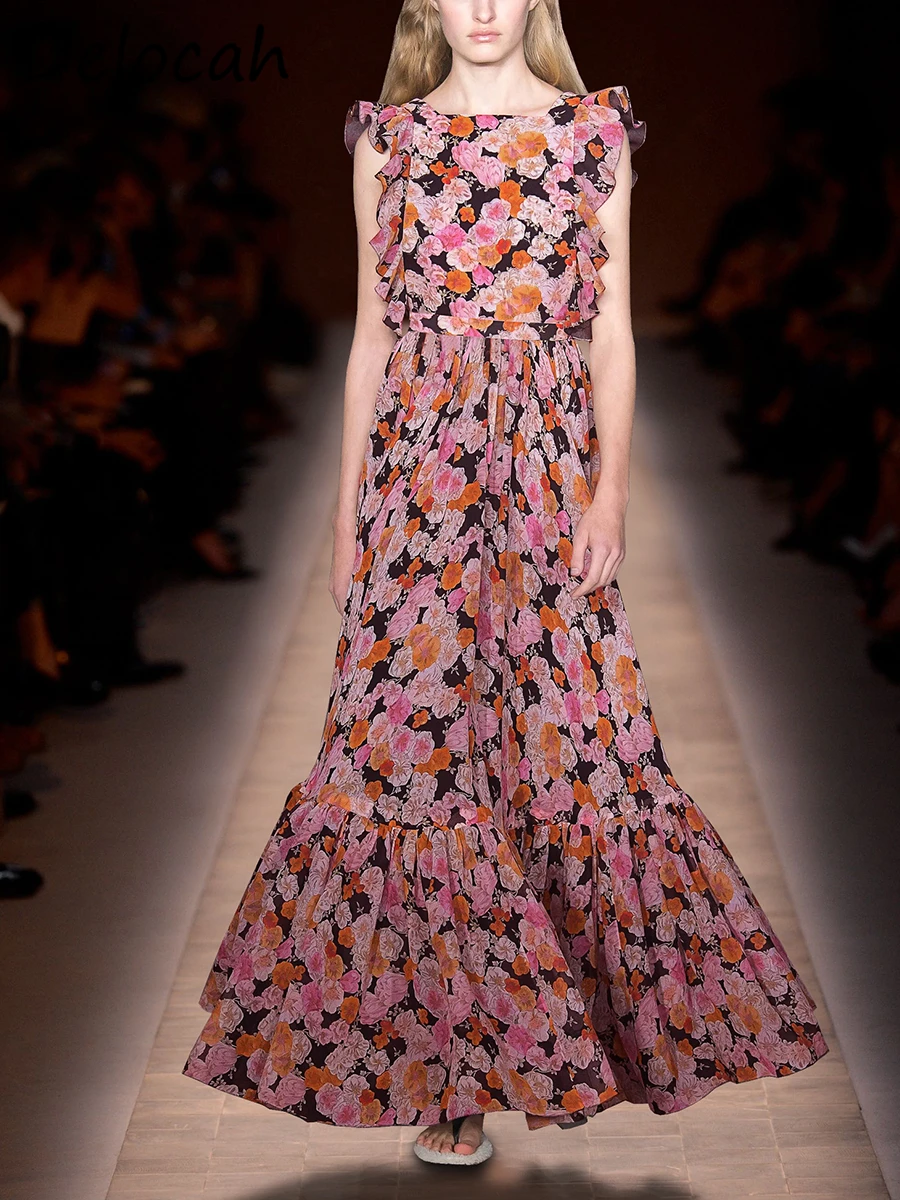 

Женское платье макси Delocah, подиумное платье большого размера с рукавами-бабочками, цветочным принтом и оборками, лето 2019