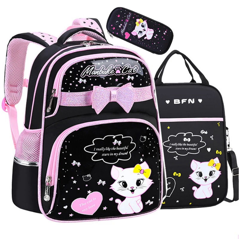 Cute Girls School Bags Fashion Orthopedic Primary Schoolbags Bagpack Cartoon Cat Print Princess Backpacks Kids Bookbags Mochila