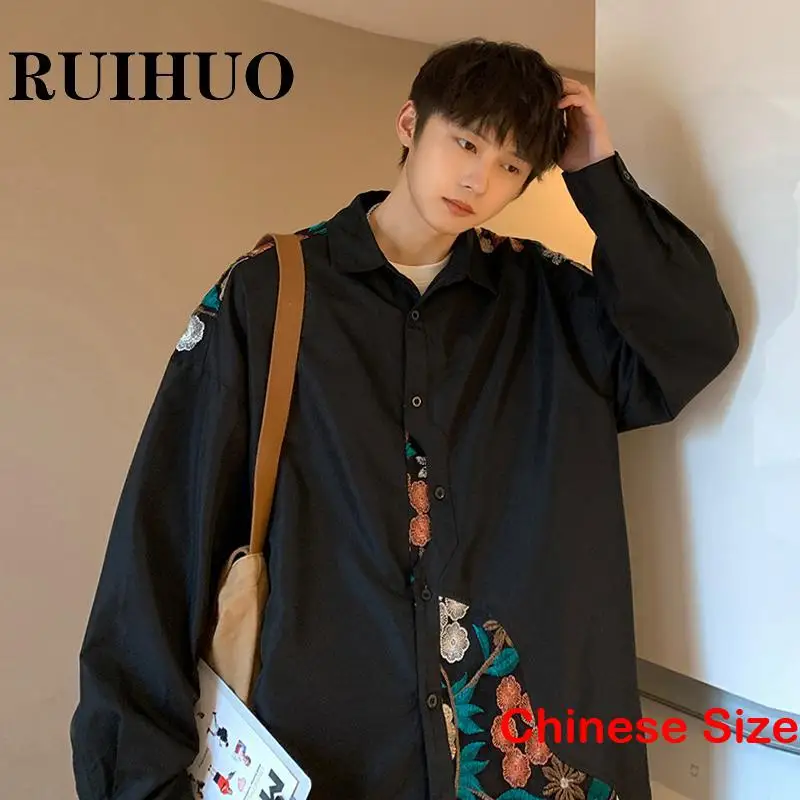 

Рубашка RUIHUO мужская с вышивкой, Повседневная блуза с длинным рукавом, черный цвет, размеры до 5XL, весна 2023
