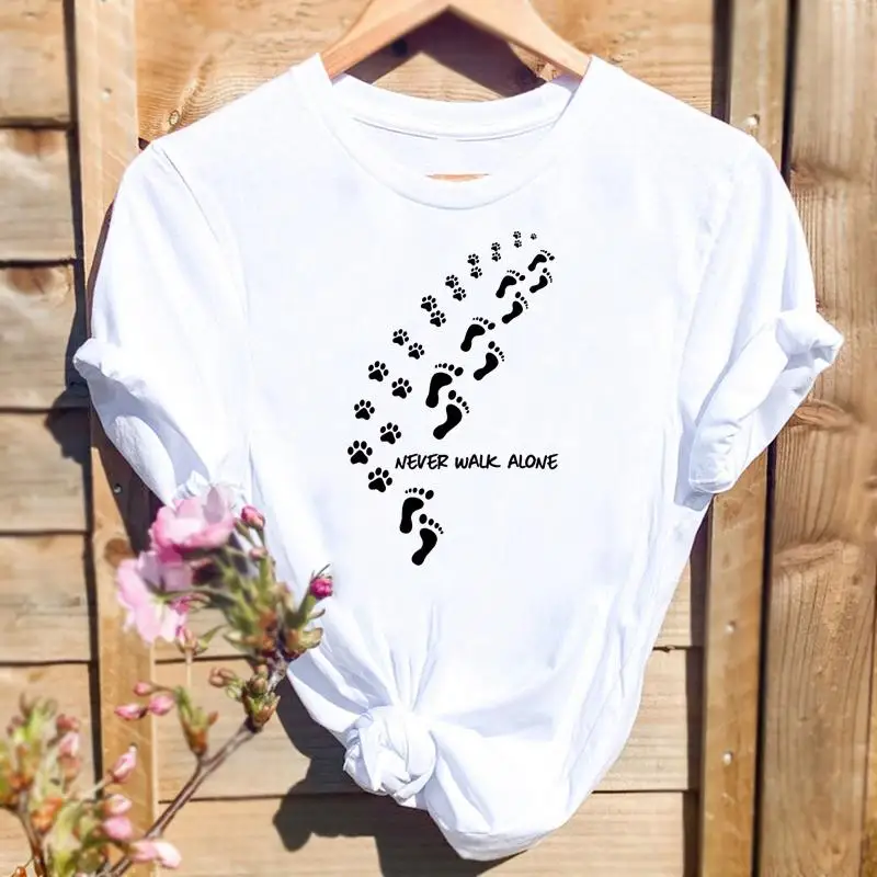 

Women Print T-shirts 90s Paw Footprint Cat Graphic T Top Fashion Cartoon Short Sleeve O-neck Summer Shirt Female Tee T-Shirt