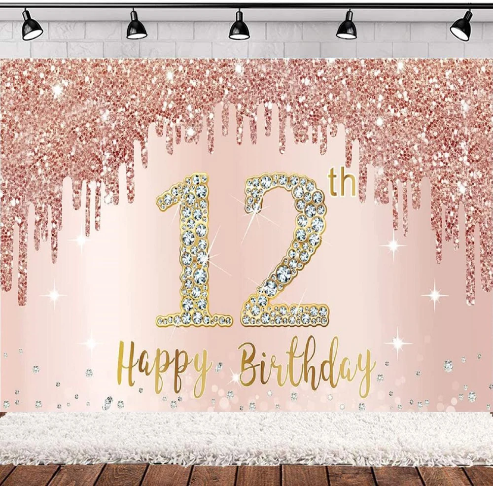 

Фон для фотосъемки розовое золото розовый 12 лет День рождения Праздничный фон баннер товары для девочек знак декор плакат