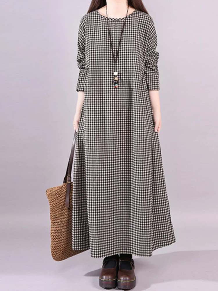 

Dresses for Women 2022 Loose Stitching Cotton and Linen Plaid Long-sleeved Dress Women's LOOSE Waist Midi Skirt Elegantly Robe