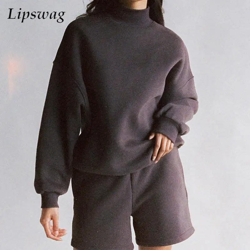 

Spring Autumn Round Neck Sweatshirt Tracksuit Casual Long Sleeve Pullover Tops And Sport Shorts Set Women Loose Two Piece Outfit