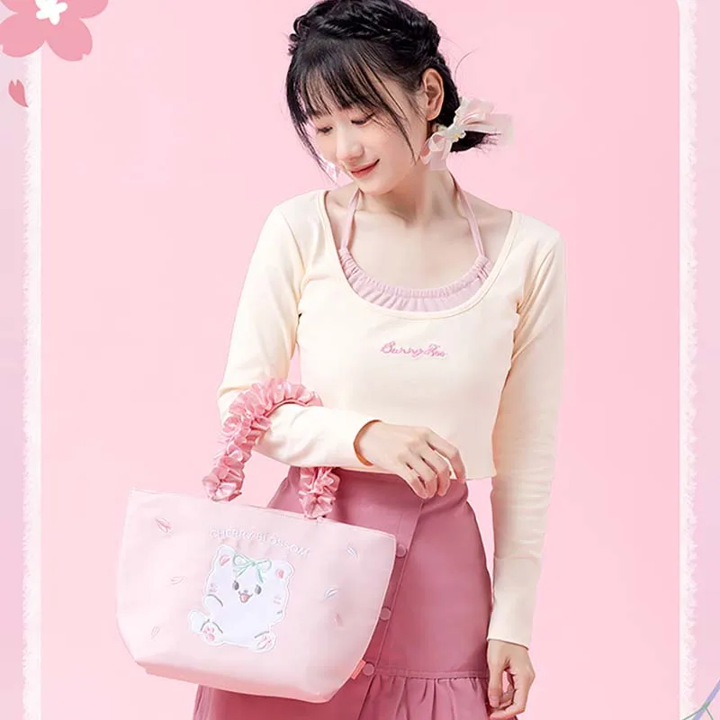 

Miniso кружевные сумки Kawaii розовая серия цветов вишни большая сумка с милым принтом кошки дорожная сумка для хранения милый подарок для девочки