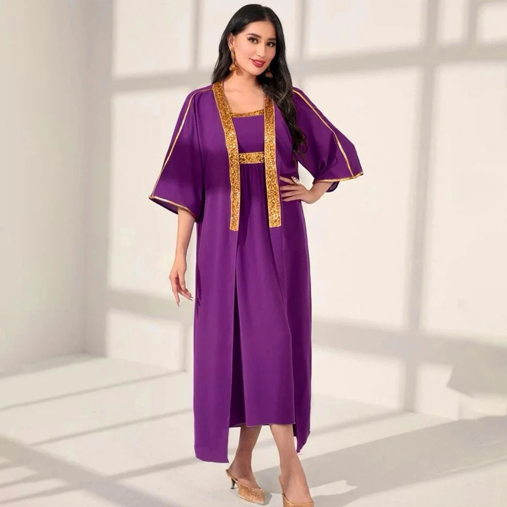 

Muslin Dress Dubai New 2023 Long Dress Spring/Summer Women's Dress Muslim Fashion Sequin Ribbon Dress Set Dress Purple Dress