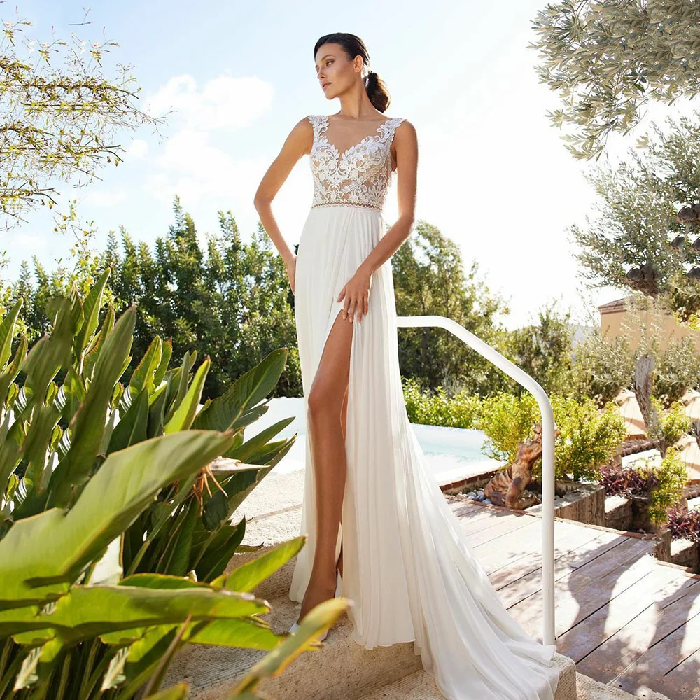 

Beach Wedding Dress Side Slit Simple Sheath Illusion Lace Boho Sleeveless Sexy Vestido De Noiva Bridal Wedding Gowns
