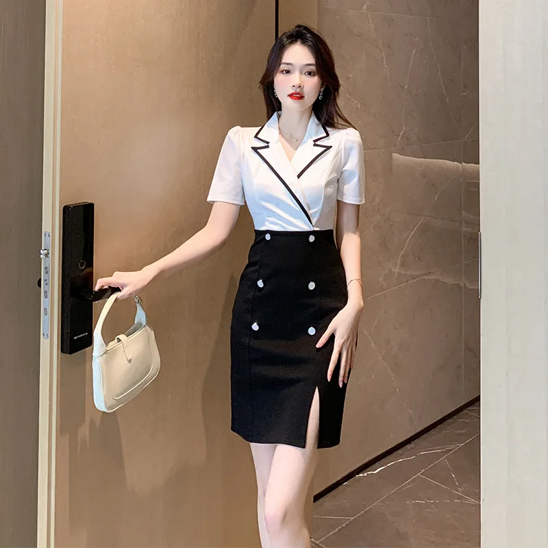 

Short-sleeved dress 2023 summer new temperament slim split one-step skirt