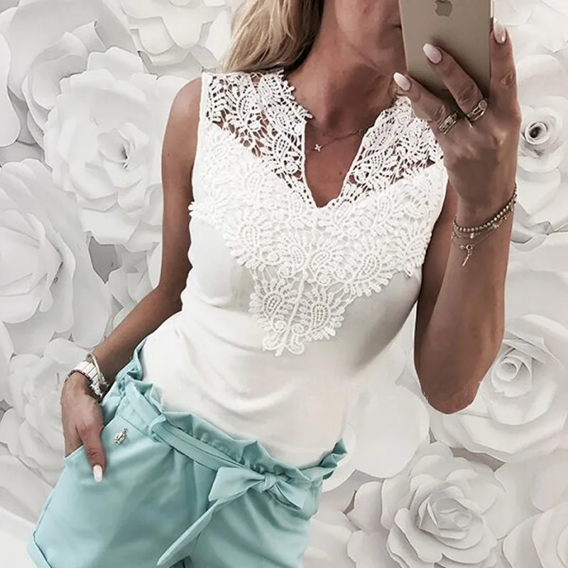 

Spring Summer y2k Clothes Stitch Top Women Solid patchwork lace V-neck T-shirt female Sleeveless hollow flowers Tops Bodysuit