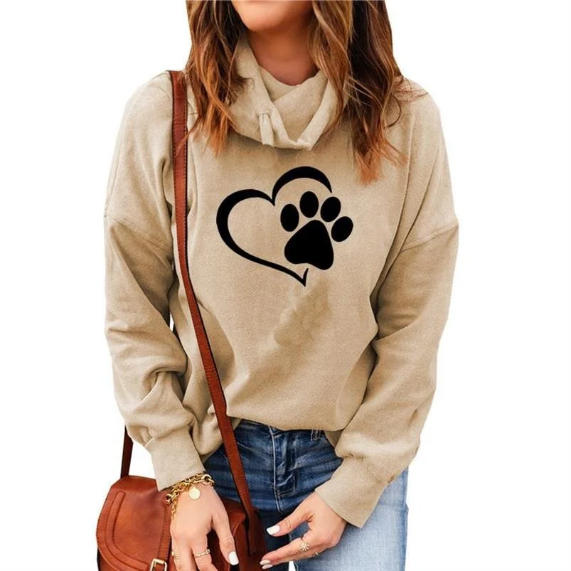 

Dog Cat Paw Print Women's Autumn Sweatshirts 2022 Stylish Turtleneck Hoodies Long Sleeve Pullovers Female Casual