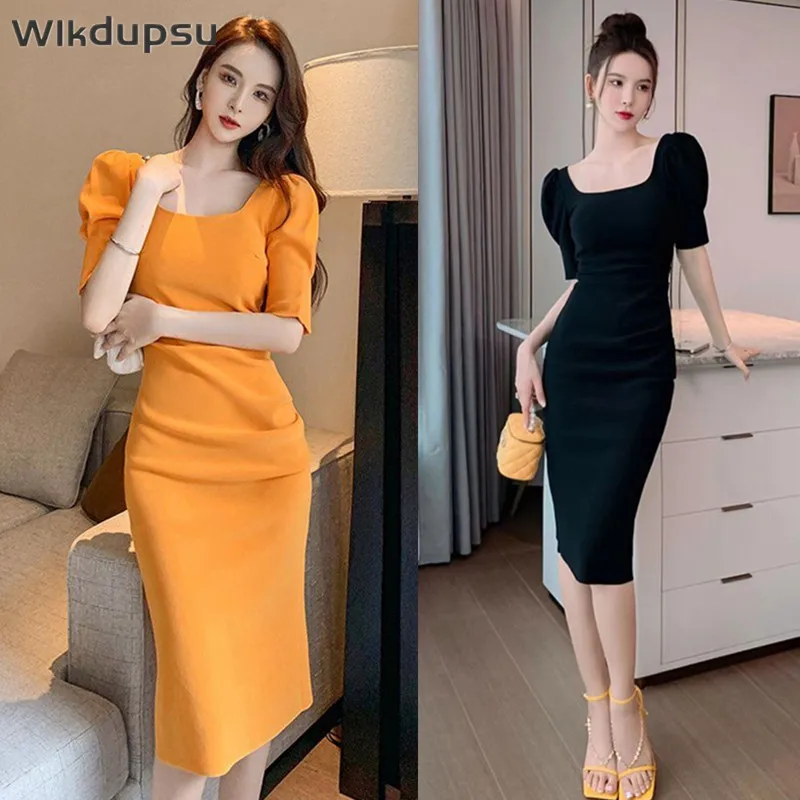 

Elegant Dress Women Square Collar High Quality Spring Summer Stylish Work Office Ladies Casual Party Midi Long Dresses Female